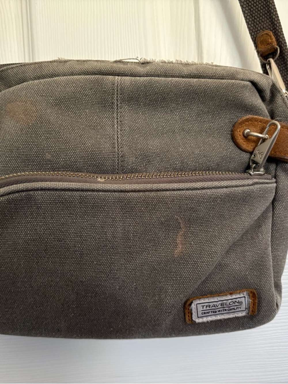 Travelon Gray Canvas Messenger Bag with Brown Trim